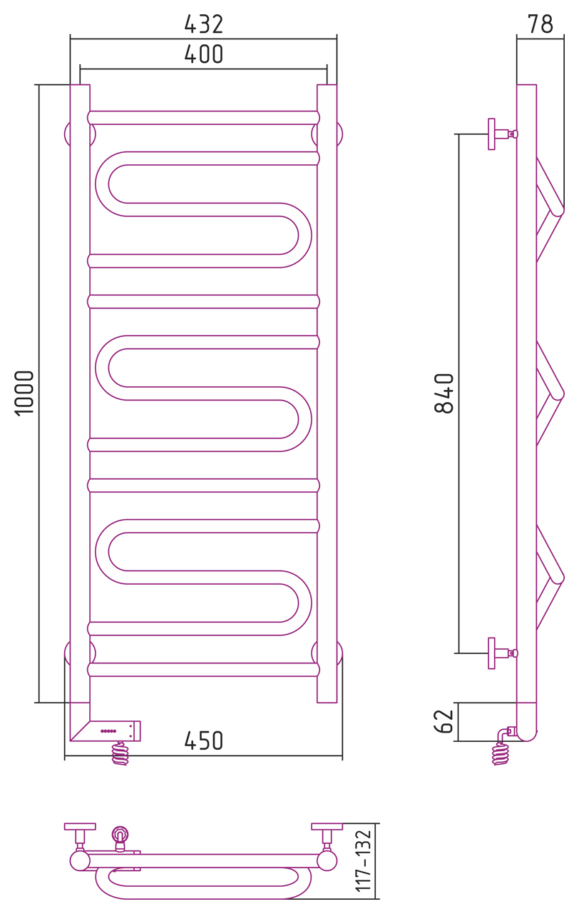 Полотенцесушитель электрический Сунержа Элегия 2.0 1000x400