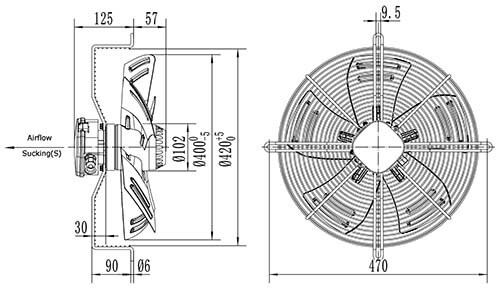 Вентилятор Ванвент YWF4D-400S-102/47-G вытяжной (всасывание) на сетке (3700 m/h)